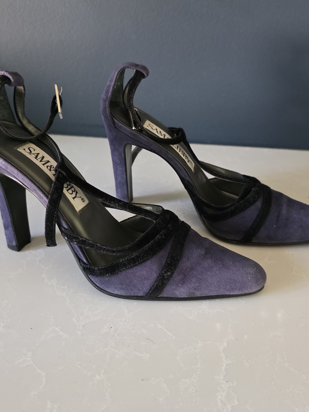 Sam & Libby Navy Velvet Pointed-Toe High Heels